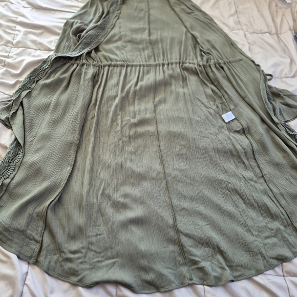 NWT Charlotte Russe Boho Olive Green Lace Trim Duster/Tie-Front Peasant Dress, L - Picture 4 of 7
